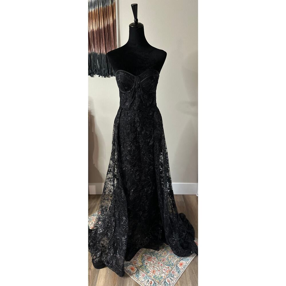 CHICAS Strapless Sheer Corset Bodice Floral Layered Evening Gown in Black Size L